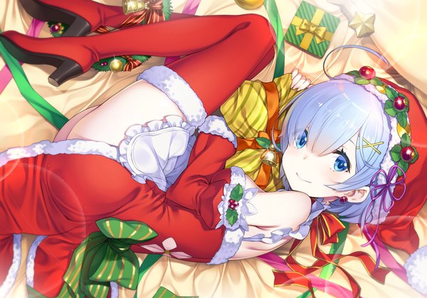 Anime picture 1600x1118 with re:zero kara hajimeru isekai seikatsu white fox rem (re:zero) lasa (lasa1116) single fringe short hair blue eyes light erotic bare shoulders blue hair hair over one eye christmas girl dress bow hat detached sleeves boots thigh boots