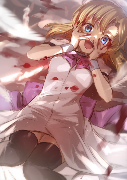 Anime picture 2039x2894 with higurashi no naku koro ni studio deen ryuuguu rena nyan5000g single tall image looking at viewer highres short hair open mouth blue eyes blonde hair :d blood on face bloody clothes girl thighhighs black thighhighs blood feather (feathers)