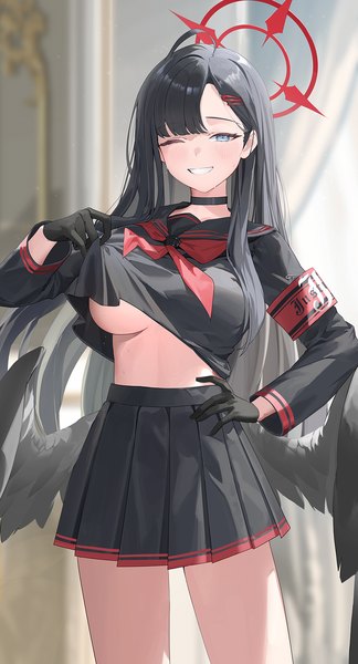 Anime picture 1000x1852 with blue archive ichika (blue archive) yo owl single long hair tall image fringe breasts blue eyes light erotic black hair smile standing blunt bangs pleated skirt one eye closed wink no bra hand on hip grin