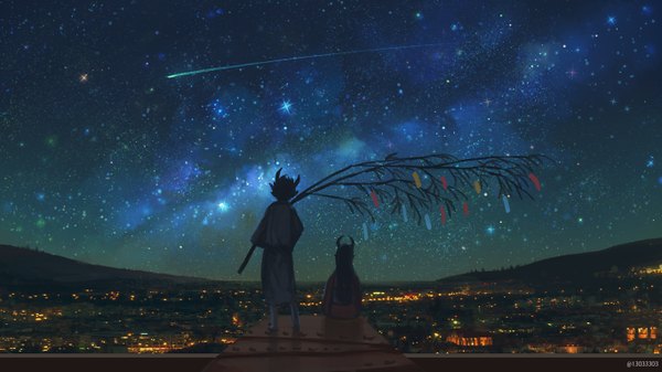 Anime picture 1366x768 with original arizuka (13033303) short hair wide image standing sitting holding traditional clothes japanese clothes horn (horns) from behind night night sky back city horizon cityscape oni horns city lights shooting star