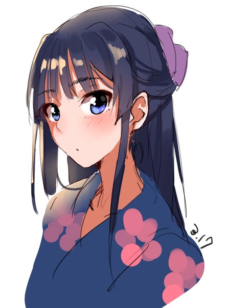 Anime picture 2455x3334 with kurokin single long hair tall image looking at viewer blush fringe highres blue eyes black hair simple background white background traditional clothes parted lips japanese clothes close-up girl yukata