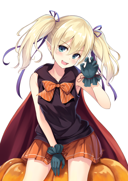 Anime picture 623x880 with original ouka (ra-raradan) single long hair tall image looking at viewer blush open mouth blue eyes blonde hair twintails pointy ears halloween girl skirt gloves ribbon (ribbons) hair ribbon miniskirt halloween costume