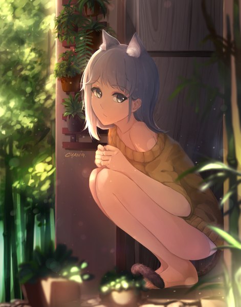 Anime picture 1484x1888 with original osward91 single long hair tall image blush light erotic sitting bare shoulders signed looking away bent knee (knees) outdoors tail head tilt animal tail barefoot grey hair sunlight off shoulder