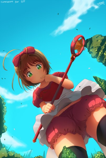 Anime picture 863x1280 with card captor sakura clamp kinomoto sakura dfer single tall image short hair brown hair green eyes sky cloud (clouds) ahoge :o from below loli finger to mouth girl thighhighs dress bow