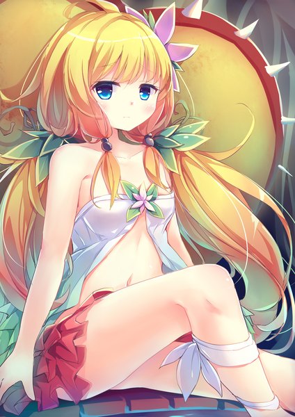 Anime picture 2480x3507 with yu-gi-oh! traptrix nepenthes kanzakietc single long hair tall image looking at viewer blush fringe highres breasts blue eyes light erotic blonde hair sitting twintails bare shoulders payot bent knee (knees) blunt bangs