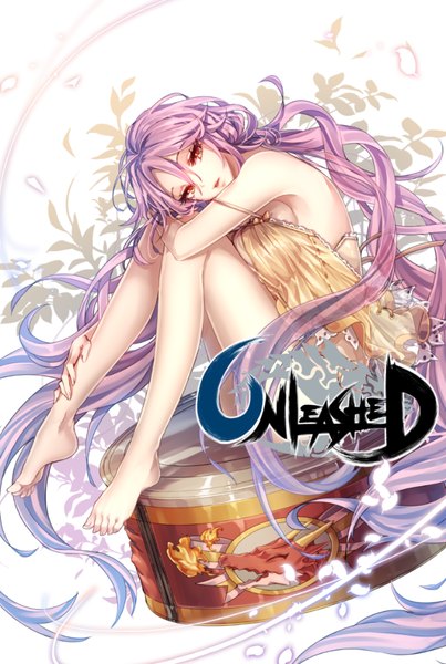 Anime picture 672x1000 with unleashed interitio sila single tall image looking at viewer light erotic red eyes bare shoulders purple hair very long hair bare legs girl dress petals