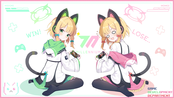 Anime-Bild 3840x2160 mit blue archive momoi (blue archive) midori (blue archive) exusiai dust single looking at viewer highres short hair open mouth simple background blonde hair wide image white background sitting green eyes absurdres full body tail animal tail looking back