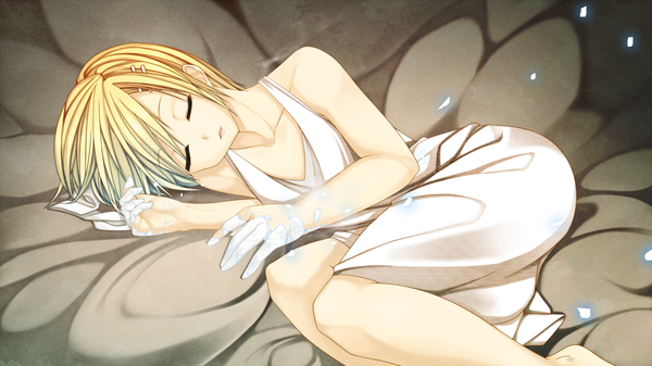 Anime picture 1400x787 with vocaloid kagamine rin tagme (artist) single short hair blonde hair wide image bare shoulders lying eyes closed sleeping girl dress hair ornament white dress bobby pin sundress