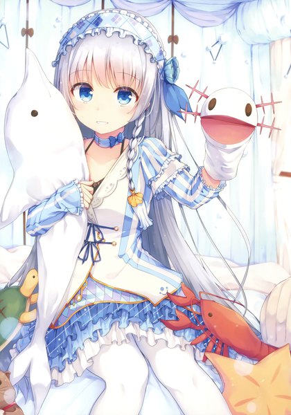 Anime picture 2387x3407 with original tsuchikure (3105mitoko) single long hair tall image looking at viewer highres blue eyes smile holding white hair indoors braid (braids) scan side ponytail girl skirt frills toy stuffed animal