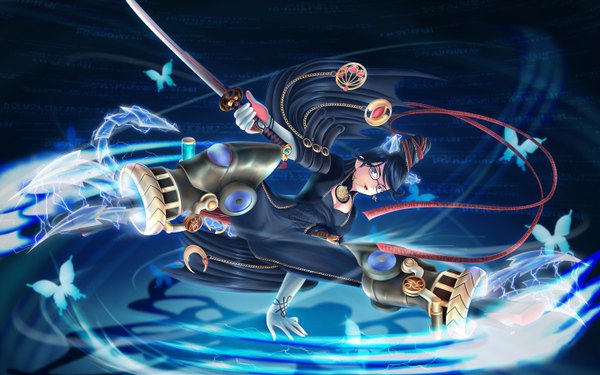 Anime picture 1440x900 with bayonetta bayonetta (character) single long hair blue eyes black hair wide image ponytail girl hair ornament ribbon (ribbons) weapon hair ribbon sword glasses katana insect butterfly bodysuit