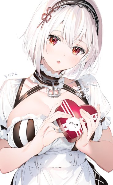 Anime picture 1574x2564 with azur lane sirius (azur lane) umibouzu (niito) single tall image looking at viewer blush fringe short hair breasts open mouth light erotic simple background hair between eyes red eyes large breasts standing white background holding signed