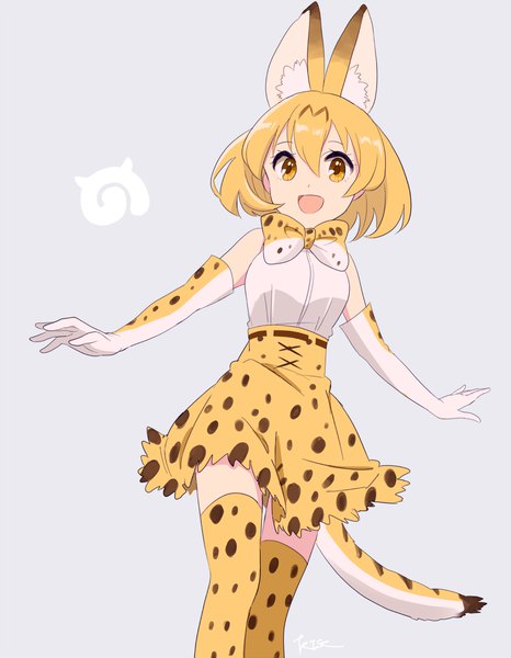 Anime picture 1167x1500 with kemono friends serval (kemono friends) kise (swimmt) single tall image looking at viewer short hair open mouth simple background blonde hair animal ears yellow eyes tail animal tail grey background zettai ryouiki animal print leopard print girl thighhighs