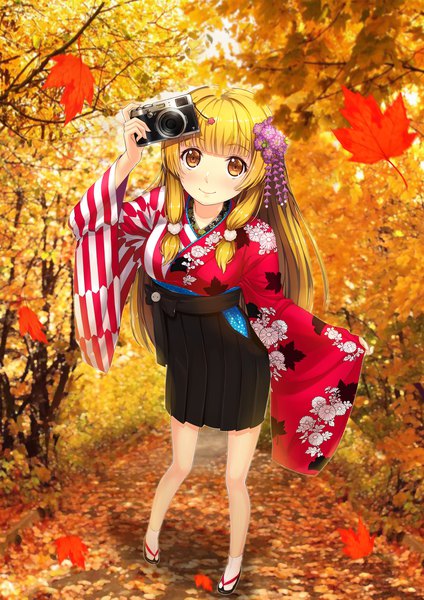 Anime picture 1654x2338 with original e neko (pixiv) single long hair tall image looking at viewer blush blonde hair smile yellow eyes traditional clothes japanese clothes hair flower autumn girl flower (flowers) plant (plants) tree (trees) leaf (leaves) autumn leaves