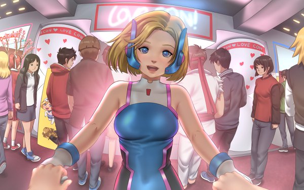 Anime picture 2400x1500 with love convention ara akazora momo (love convention) mawa setiawan looking at viewer highres short hair breasts open mouth blue eyes blonde hair smile multiple girls game cg multiple boys sleeveless 6+ boys 7 boys girl dress