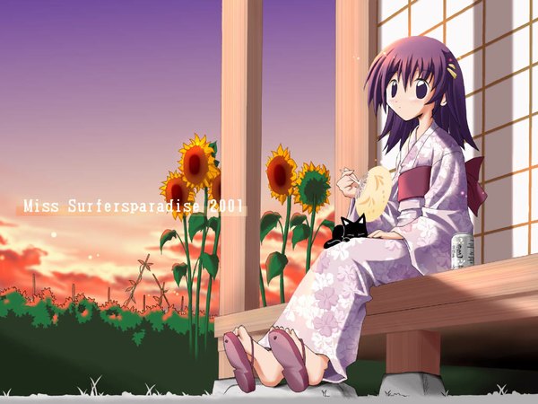 Anime picture 1024x768 with miss surfersparadise single looking at viewer sitting purple eyes holding purple hair full body bent knee (knees) outdoors traditional clothes japanese clothes night night sky evening sunset girl flower (flowers) animal kimono