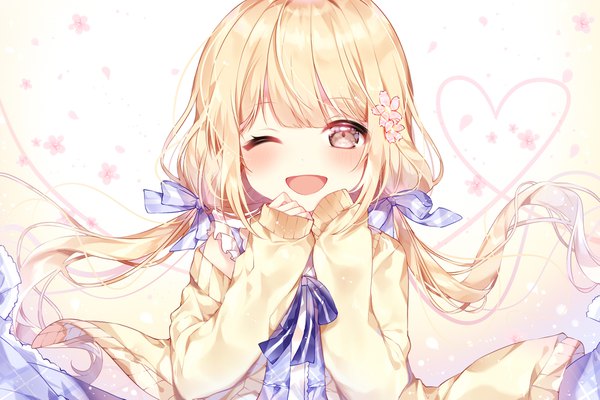 Anime-Bild 1771x1181 mit idolmaster idolmaster cinderella girls idolmaster cinderella girls starlight stage futaba anzu taya oco single long hair looking at viewer blush fringe highres open mouth simple background blonde hair smile white background twintails brown eyes upper body one eye closed