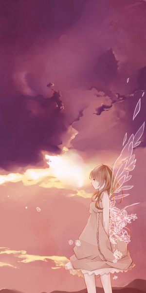 Anime picture 1300x2600 with sekiyu single long hair tall image highres blonde hair brown eyes sky cloud (clouds) girl dress flower (flowers) wings