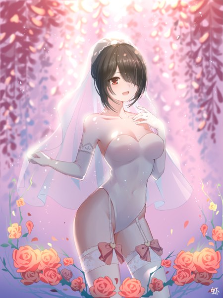 Anime picture 2084x2777 with date a live tokisaki kurumi blue shrimp single tall image looking at viewer blush fringe highres short hair breasts open mouth light erotic black hair smile red eyes large breasts standing bare shoulders signed