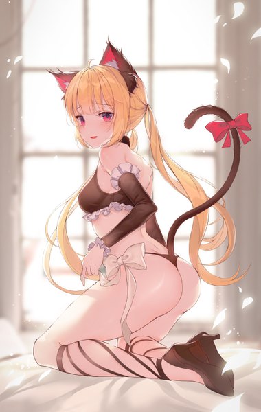 Anime picture 3811x6021 with original harusame (user wawj5773) single long hair tall image looking at viewer blush fringe highres breasts open mouth light erotic blonde hair smile red eyes twintails bare shoulders animal ears payot absurdres