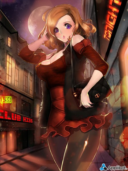 Anime picture 750x1000 with original nal (artist) single tall image looking at viewer short hair light erotic brown hair purple eyes bare shoulders girl dress pantyhose bag