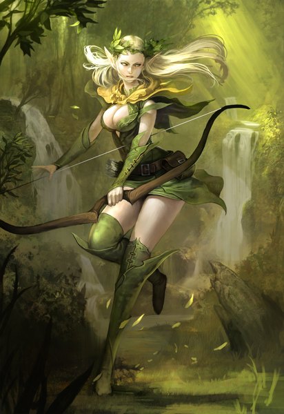 Anime picture 1376x2000 with blue17years single long hair tall image breasts light erotic blonde hair large breasts green eyes pointy ears elf nature waterfall girl plant (plants) detached sleeves water belt thigh boots bow (weapon)