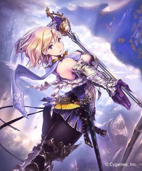 Anime picture 750x900 with hisakata souji single tall image looking at viewer blush fringe short hair breasts light erotic blonde hair large breasts standing purple eyes bare shoulders holding sky cloud (clouds) parted lips looking back sunlight