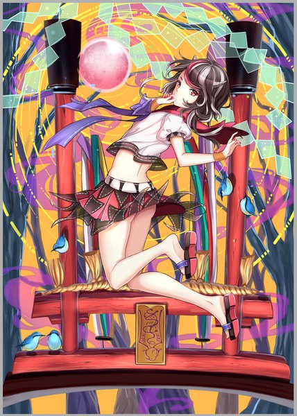 Anime picture 633x887 with touhou kijin seija duzie e single tall image looking at viewer short hair light erotic black hair red eyes full body ass nail polish multicolored hair horn (horns) puffy sleeves streaked hair border bare back hand to mouth