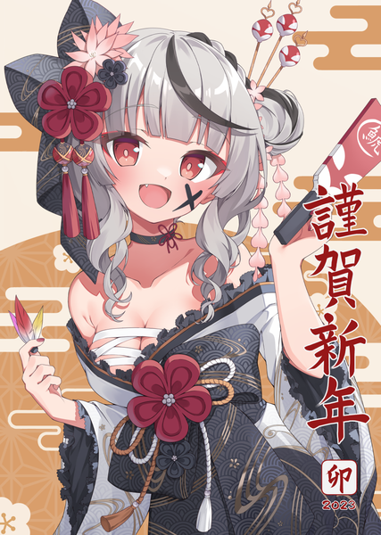 Anime picture 961x1349 with virtual youtuber hololive sakamata chloe sakamata chloe (new year) quarterlift single long hair tall image looking at viewer fringe breasts open mouth light erotic red eyes holding silver hair upper body blunt bangs traditional clothes :d