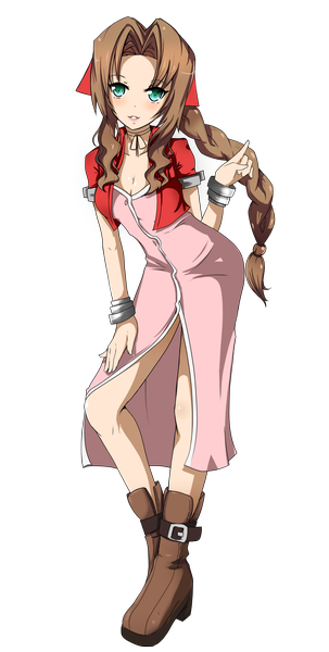 Anime picture 1516x3000 with final fantasy final fantasy vii crisis core final fantasy vii square enix aerith gainsborough rinine single long hair tall image looking at viewer blush blue eyes brown hair transparent background girl dress boots bracelet