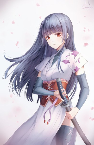Anime picture 1000x1533 with gintama sunrise (studio) imai nobume la campanella single long hair tall image fringe black hair simple background red eyes standing white background holding signed looking away blunt bangs traditional clothes japanese clothes wind