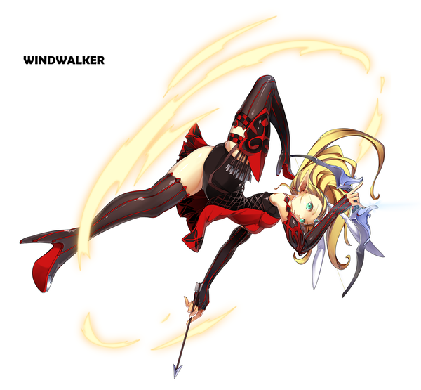 Anime picture 1621x1500 with dragon nest archer (dragon nest) blvefo9 single long hair simple background blonde hair white background green eyes girl dress weapon detached sleeves thigh boots fire bow (weapon)