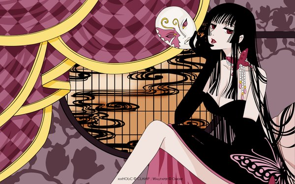Anime picture 1680x1050 with xxxholic clamp ichihara yuuko long hair black hair red eyes wide image girl mask