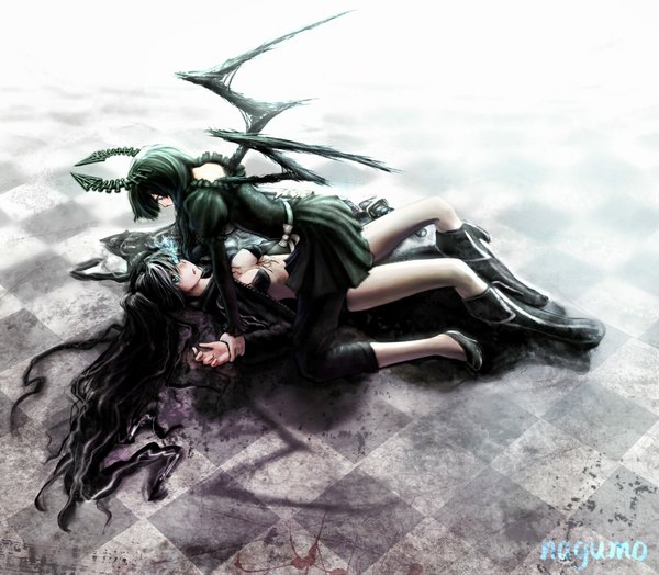 Anime picture 1145x1000 with black rock shooter black rock shooter (character) dead master nagumo (qmzp10) long hair short hair black hair multiple girls green eyes signed lying horn (horns) green hair checkered floor checkered girl dress bow 2 girls wings