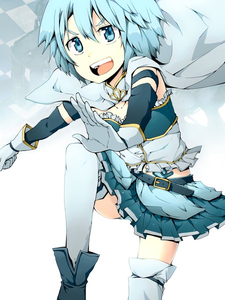 Anime picture 1500x2000 with mahou shoujo madoka magica shaft (studio) miki sayaka zen33n single tall image short hair open mouth blue eyes blue hair pleated skirt girl thighhighs gloves detached sleeves miniskirt belt cape