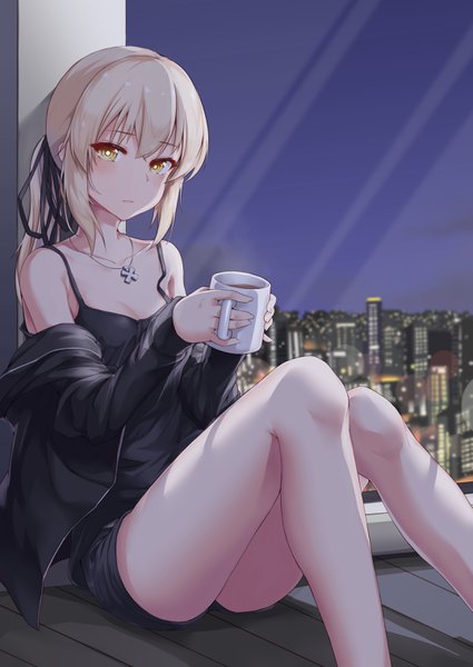 Anime picture 2150x3035 with fate (series) fate/grand order artoria pendragon (all) saber alter mysterious heroine x (alter) (fate) shiunnkaku single long hair tall image looking at viewer blush fringe highres breasts blonde hair hair between eyes standing sitting bare shoulders holding