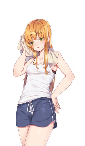 Anime picture 1858x3174 with original fangxiang cuoluan single long hair tall image blush highres open mouth simple background white background green eyes orange hair hand on hip towel around neck girl shorts short shorts towel tank top