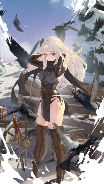Anime picture 2704x4743 with original cirilla single tall image looking at viewer blush fringe highres short hair open mouth blue eyes light erotic hair between eyes standing payot sky cloud (clouds) outdoors white hair wind