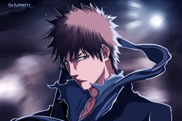 Anime picture 2338x1556 with bleach studio pierrot kurosaki ichigo darknes953 single highres short hair brown hair japanese clothes orange eyes coloring torn clothes portrait light face boy ribbon (ribbons) weapon kimono