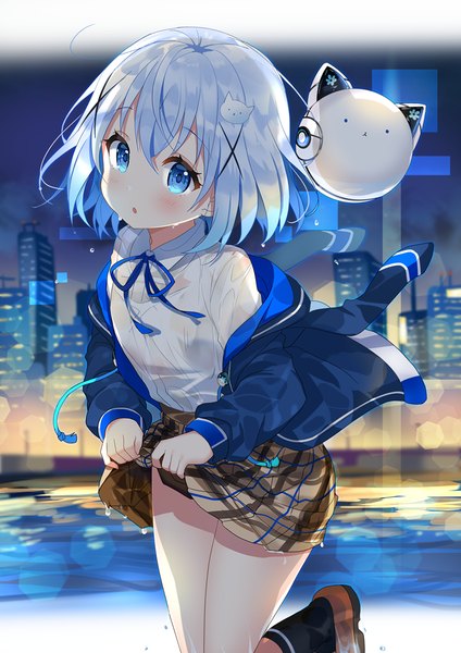 Anime picture 700x990 with gochuumon wa usagi desu ka? clockwork rabbit white fox kafuu chino tippy (gochiusa) kurot single tall image looking at viewer blush fringe short hair open mouth blue eyes light erotic hair between eyes standing blue hair cloud (clouds) ahoge