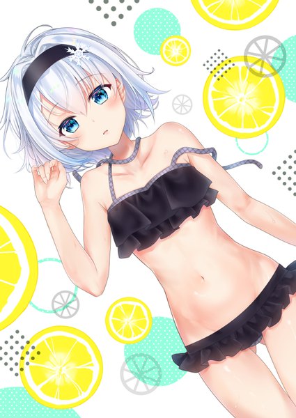 Anime picture 1032x1457 with ryuuou no oshigoto! sora ginko gyozanuko single tall image looking at viewer blush fringe short hair open mouth blue eyes light erotic simple background hair between eyes bare shoulders silver hair lying bare legs on back dutch angle