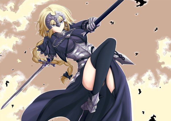 Anime picture 1644x1165 with fate (series) fate/apocrypha jeanne d'arc (fate) (all) jeanne d'arc (fate) ikinokorubatu (artist) single long hair blonde hair looking away sky cloud (clouds) braid (braids) grey eyes single braid jumping girl thighhighs gloves weapon black thighhighs