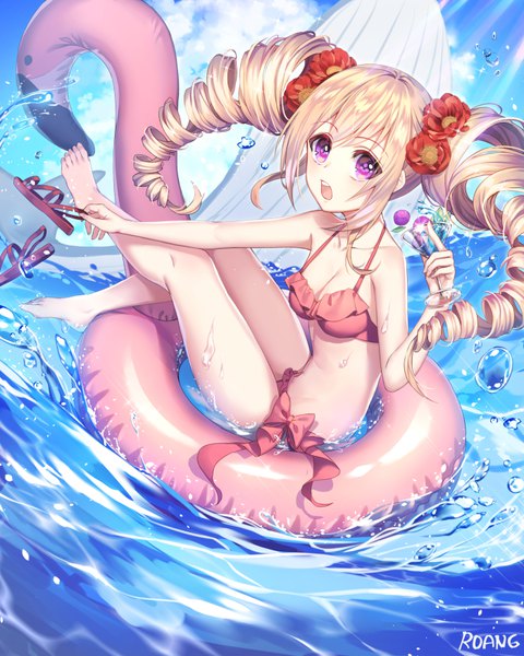 Anime picture 700x875 with original roang single long hair tall image looking at viewer blush fringe breasts open mouth light erotic blonde hair hair between eyes sitting twintails bare shoulders holding signed payot sky