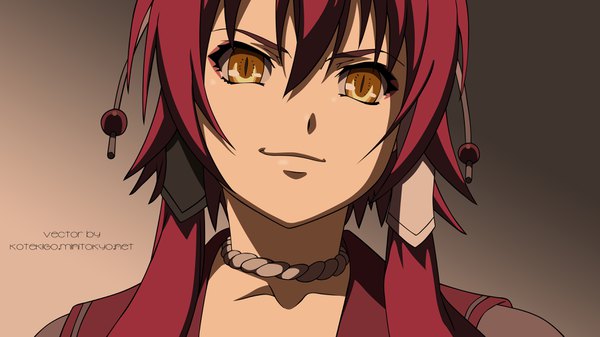 Anime picture 3604x2027 with hyakka ryouran samurai girls arms corporation yagyuu juubei (hyakka ryouran) kotekigo single long hair looking at viewer fringe highres simple background hair between eyes wide image twintails signed yellow eyes payot absurdres red hair light smile shadow