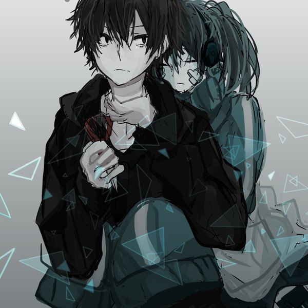 Anime picture 900x900 with kagerou project shaft (studio) ene (kagerou project) kisaragi shintarou yamashiro short hair black hair simple background twintails looking away upper body eyes closed black eyes grey background hug sleeves past wrists short twintails hug from behind bandaid on face broken glass