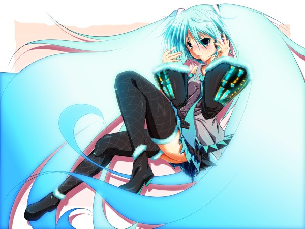 Anime picture 1200x900 with vocaloid hatsune miku single light erotic twintails very long hair aqua eyes aqua hair girl detached sleeves