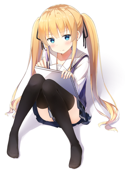 Anime picture 1323x1840 with saenai heroine no sodatekata a-1 pictures sawamura spencer eriri .com single long hair tall image looking at viewer blush blue eyes blonde hair simple background white background twintails holding pleated skirt shadow fang (fangs) embarrassed convenient censoring