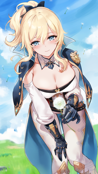 Anime picture 2288x4060 with genshin impact jean gunnhildr emyo single long hair tall image looking at viewer blush fringe highres breasts blue eyes light erotic blonde hair smile hair between eyes large breasts standing holding payot