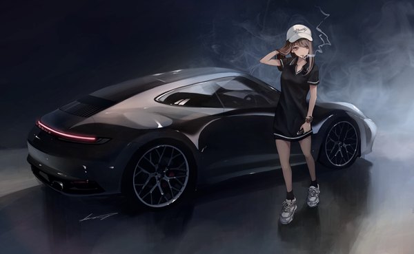 Anime picture 3541x2178 with original porsche koh (minagi kou) single long hair fringe highres simple background brown hair wide image standing holding brown eyes signed looking away absurdres full body mouth hold smoke adjusting hat