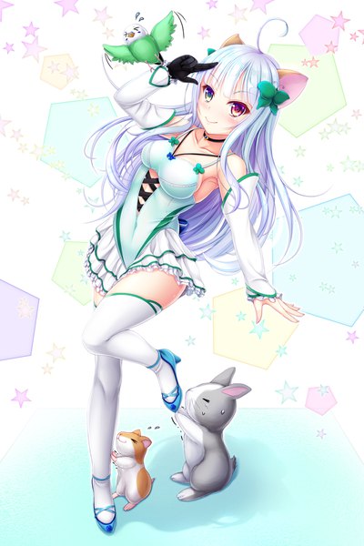 Anime picture 1280x1920 with original hiro (725611) single long hair tall image looking at viewer blush breasts smile standing animal ears silver hair full body ahoge heterochromia standing on one leg salute girl thighhighs dress