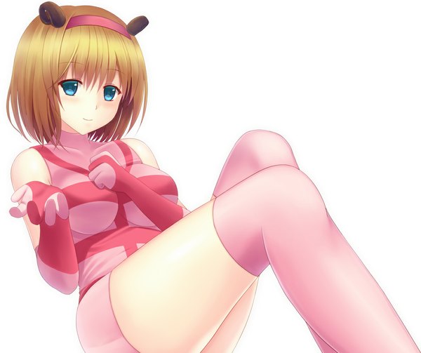 Anime picture 1098x922 with beatmania megimegyo single looking at viewer short hair blue eyes simple background blonde hair white background bare shoulders horn (horns) girl thighhighs gloves elbow gloves hairband